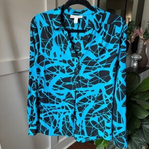 Dana Buchman M Black & Turquoise Abstract 3/4 Button Down Blouse